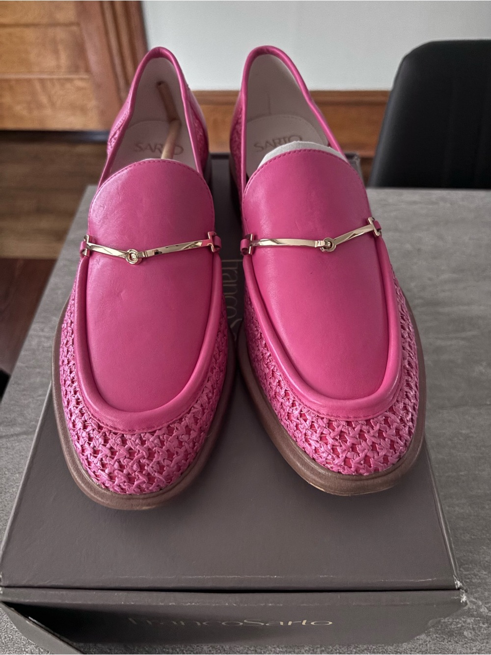 SARTO By Franco Sarto Hot Pink Leather Loafers with Woven Trim and Gold Bit